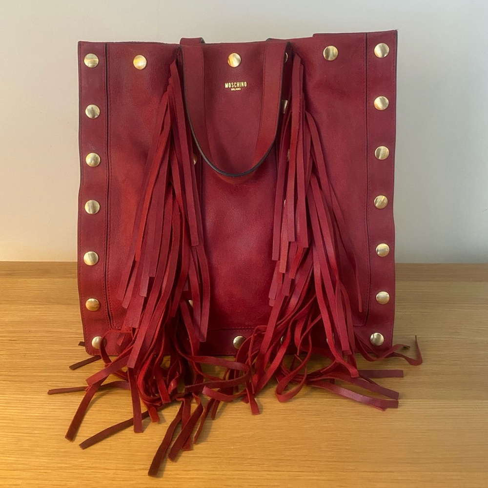 Moschino Red Tote with Gold Studs and Fringe